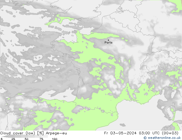 Cloud cover (low) Arpege-eu Fr 03.05.2024 03 UTC