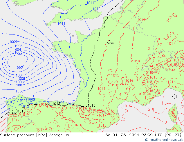 Pressione al suolo Arpege-eu sab 04.05.2024 03 UTC