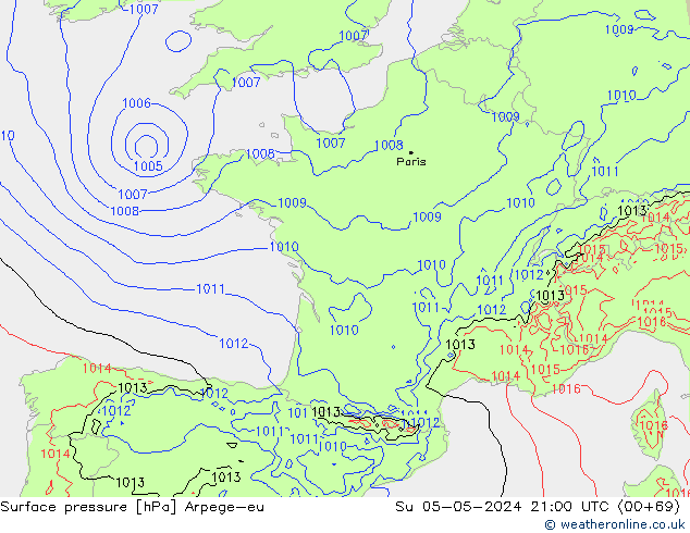 Presión superficial Arpege-eu dom 05.05.2024 21 UTC