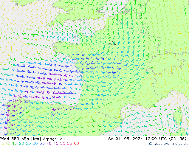 Vento 850 hPa Arpege-eu Sáb 04.05.2024 12 UTC