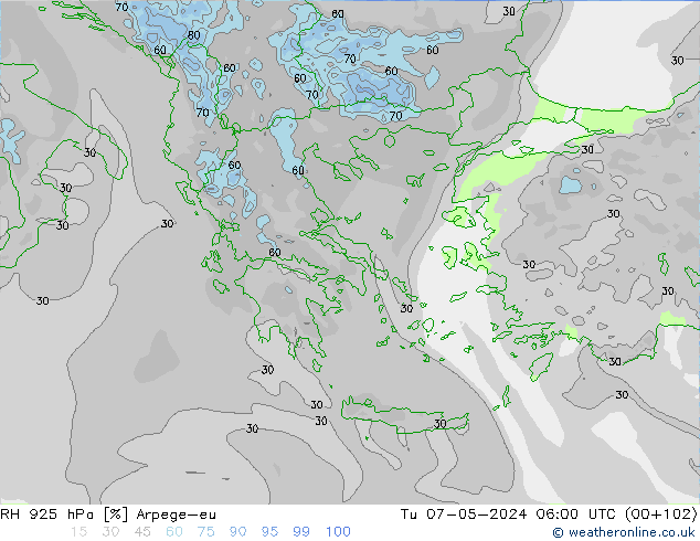 Humedad rel. 925hPa Arpege-eu mar 07.05.2024 06 UTC