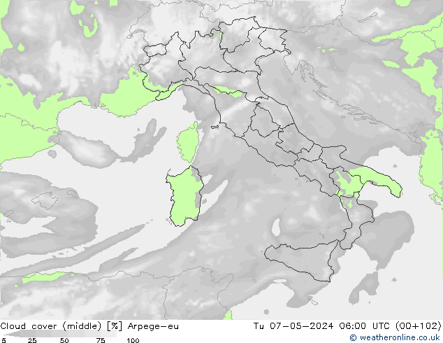 oblačnosti uprostřed Arpege-eu Út 07.05.2024 06 UTC