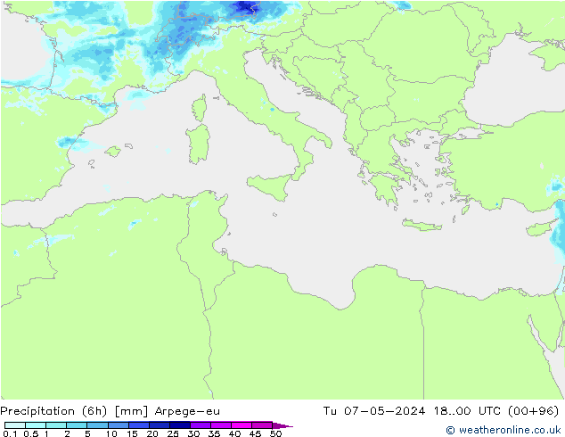 Yağış (6h) Arpege-eu Sa 07.05.2024 00 UTC