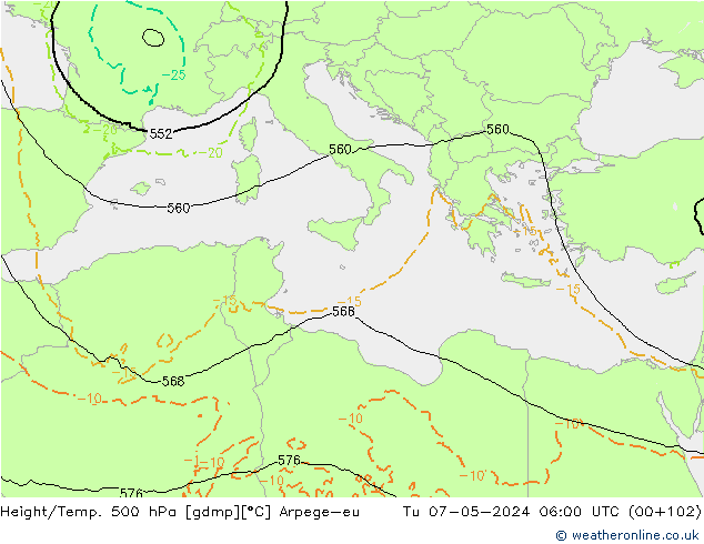 Height/Temp. 500 hPa Arpege-eu Út 07.05.2024 06 UTC