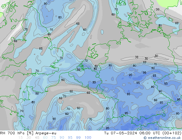 RH 700 hPa Arpege-eu Tu 07.05.2024 06 UTC