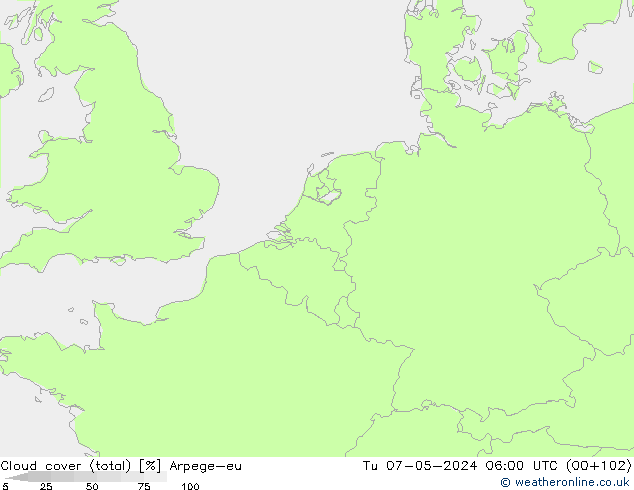 Cloud cover (total) Arpege-eu Tu 07.05.2024 06 UTC