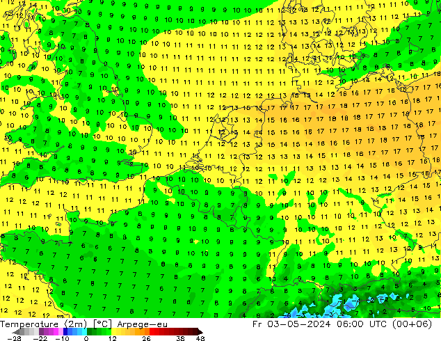 Temperaturkarte (2m) Arpege-eu Fr 03.05.2024 06 UTC
