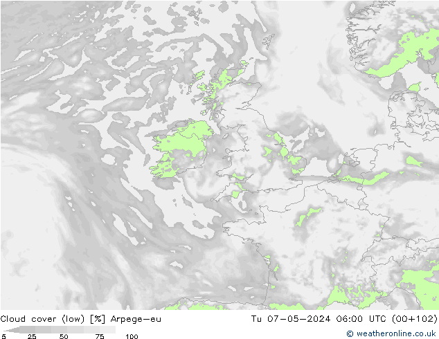 Cloud cover (low) Arpege-eu Tu 07.05.2024 06 UTC