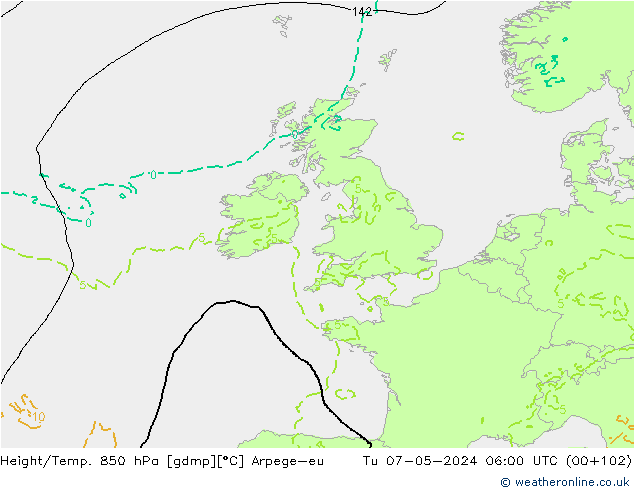 Hoogte/Temp. 850 hPa Arpege-eu di 07.05.2024 06 UTC