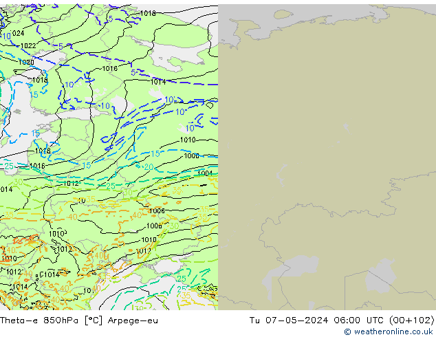 Theta-e 850hPa Arpege-eu wto. 07.05.2024 06 UTC