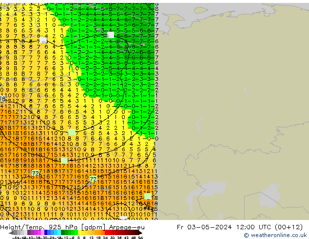 Yükseklik/Sıc. 925 hPa Arpege-eu Cu 03.05.2024 12 UTC