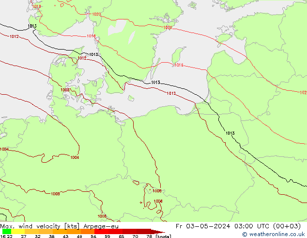 Max. wind snelheid Arpege-eu vr 03.05.2024 03 UTC