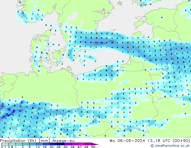 Precipitation (6h) Arpege-eu Mo 06.05.2024 18 UTC