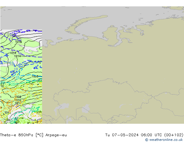 Theta-e 850hPa Arpege-eu Tu 07.05.2024 06 UTC