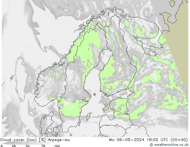 Cloud cover (low) Arpege-eu Mo 06.05.2024 18 UTC