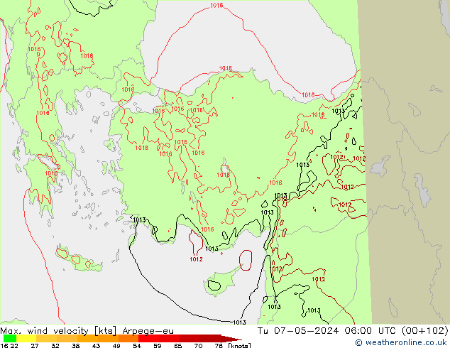 Max. wind velocity Arpege-eu Tu 07.05.2024 06 UTC