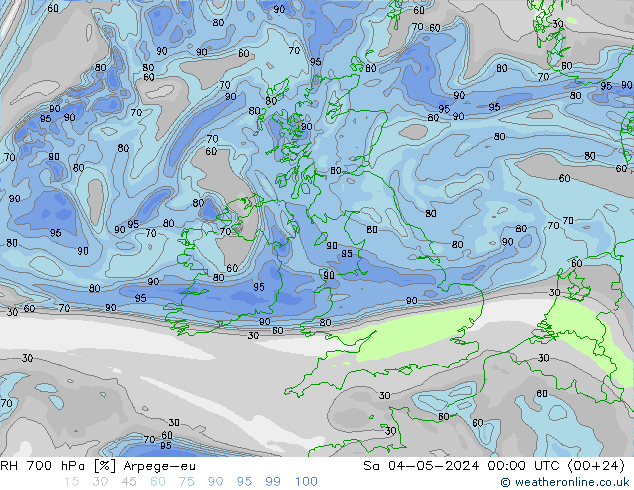 RH 700 hPa Arpege-eu Sa 04.05.2024 00 UTC