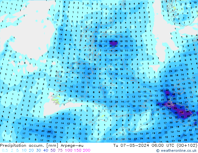 Precipitation accum. Arpege-eu  07.05.2024 06 UTC