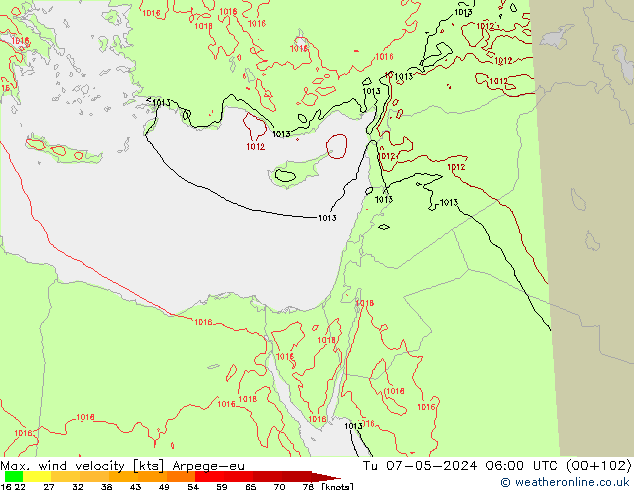 Max. wind velocity Arpege-eu  07.05.2024 06 UTC