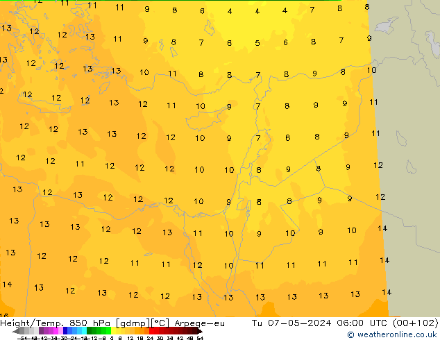 Géop./Temp. 850 hPa Arpege-eu mar 07.05.2024 06 UTC