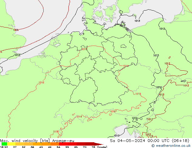 Max. wind velocity Arpege-eu Sáb 04.05.2024 00 UTC