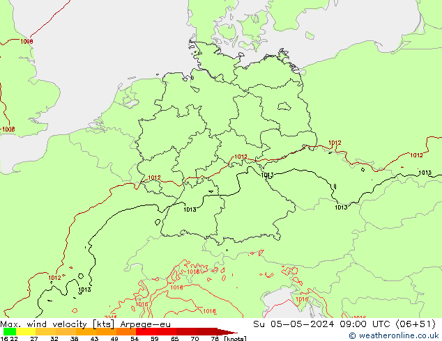 Max. wind snelheid Arpege-eu zo 05.05.2024 09 UTC