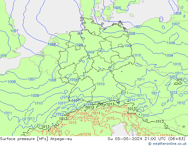 Pressione al suolo Arpege-eu dom 05.05.2024 21 UTC