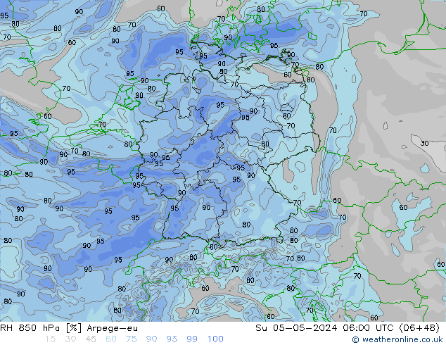 RH 850 hPa Arpege-eu Su 05.05.2024 06 UTC