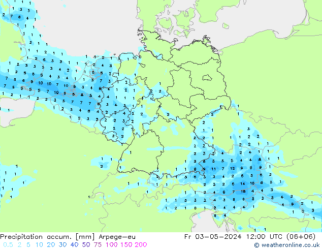 Precipitación acum. Arpege-eu vie 03.05.2024 12 UTC