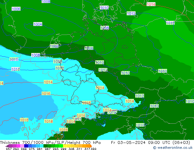 Espesor 700-1000 hPa Arpege-eu vie 03.05.2024 09 UTC