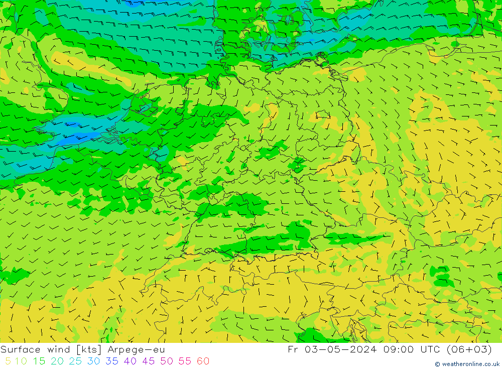 Viento 10 m Arpege-eu vie 03.05.2024 09 UTC