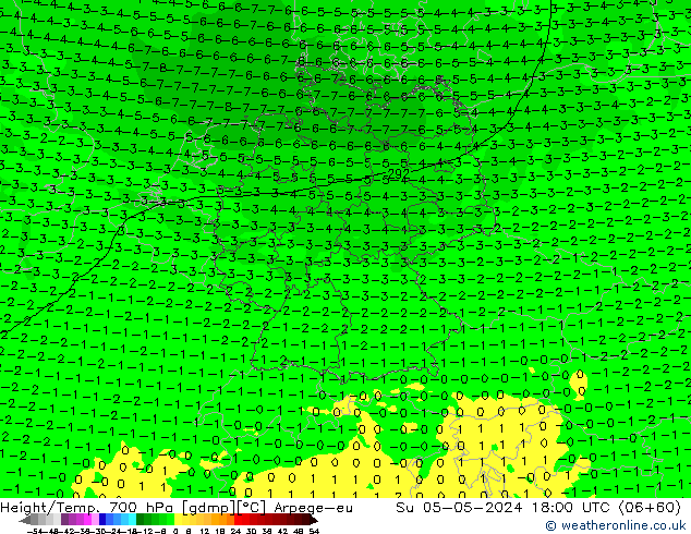 Géop./Temp. 700 hPa Arpege-eu dim 05.05.2024 18 UTC