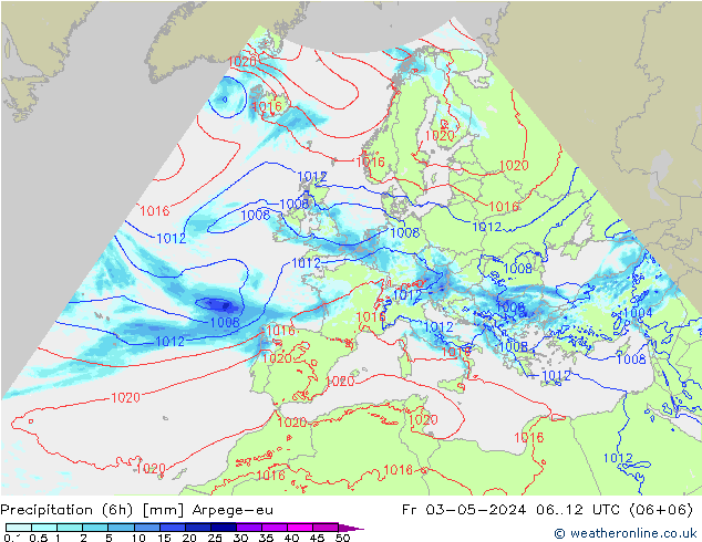 Precipitación (6h) Arpege-eu vie 03.05.2024 12 UTC