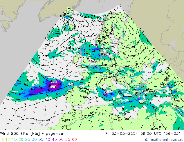 Wind 850 hPa Arpege-eu Fr 03.05.2024 09 UTC