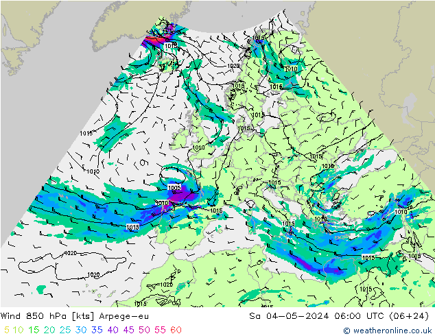 ветер 850 гПа Arpege-eu сб 04.05.2024 06 UTC