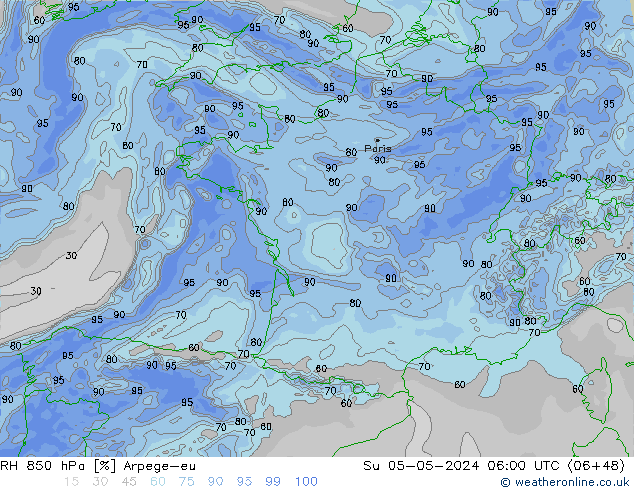 Humidité rel. 850 hPa Arpege-eu dim 05.05.2024 06 UTC