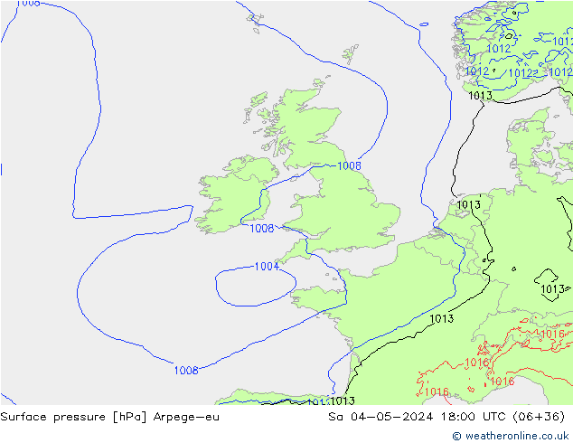 Pressione al suolo Arpege-eu sab 04.05.2024 18 UTC