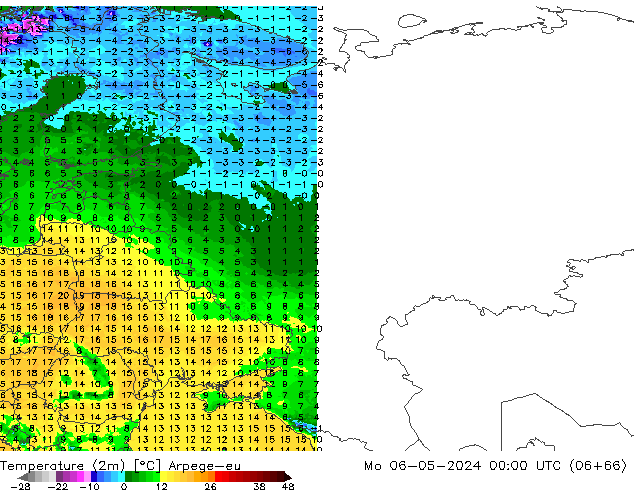 Temperatuurkaart (2m) Arpege-eu ma 06.05.2024 00 UTC