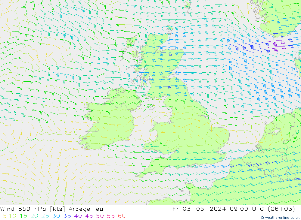 Wind 850 hPa Arpege-eu Fr 03.05.2024 09 UTC