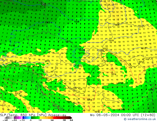 SLP/Temp. 850 hPa Arpege-eu pon. 06.05.2024 00 UTC