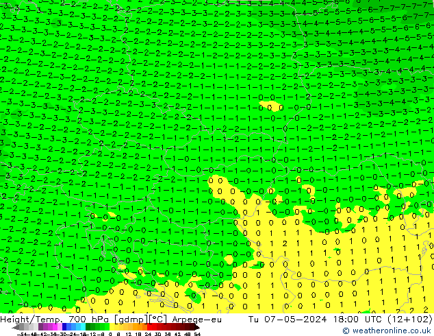 Géop./Temp. 700 hPa Arpege-eu mar 07.05.2024 18 UTC