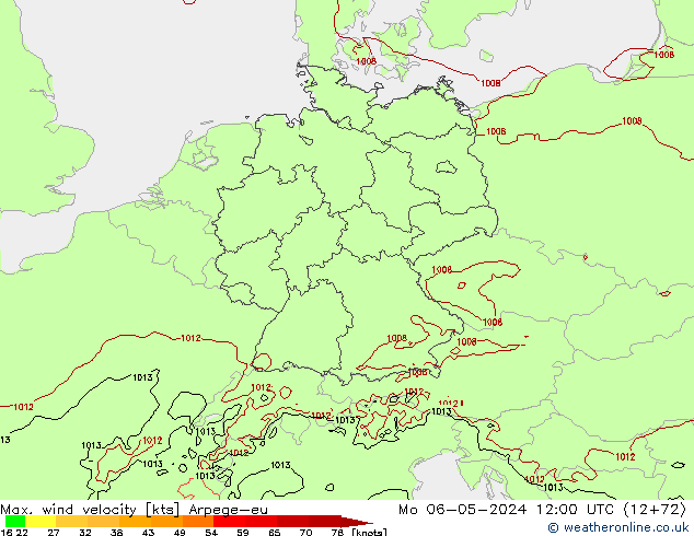 Max. wind velocity Arpege-eu  06.05.2024 12 UTC