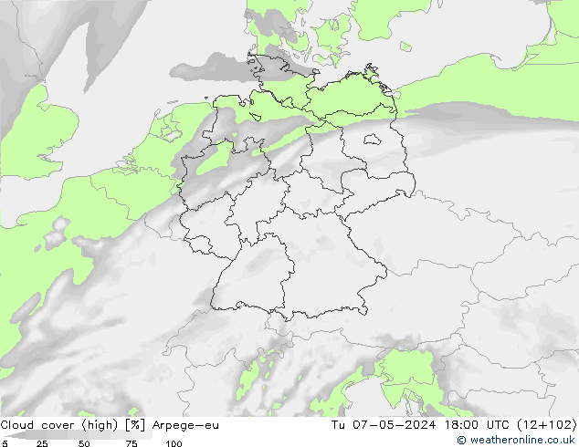 vysoký oblak Arpege-eu Út 07.05.2024 18 UTC