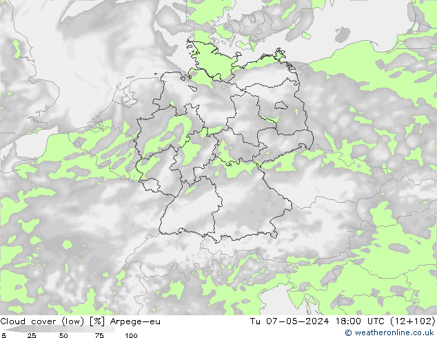 nízká oblaka Arpege-eu Út 07.05.2024 18 UTC