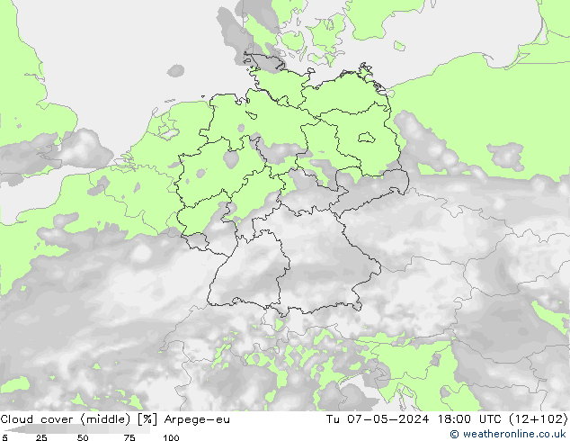 Cloud cover (middle) Arpege-eu Tu 07.05.2024 18 UTC