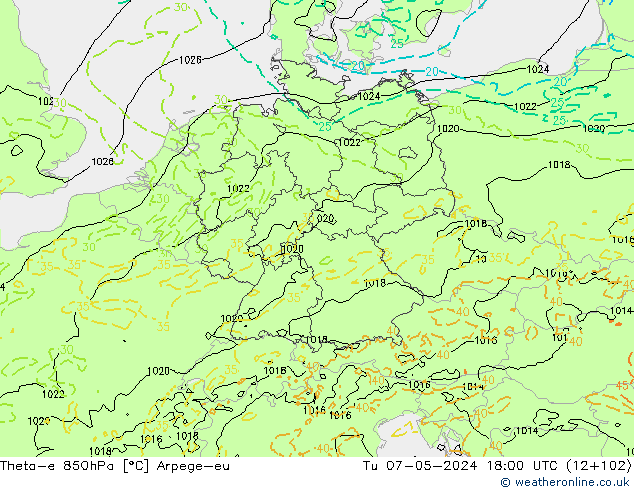 Theta-e 850hPa Arpege-eu di 07.05.2024 18 UTC