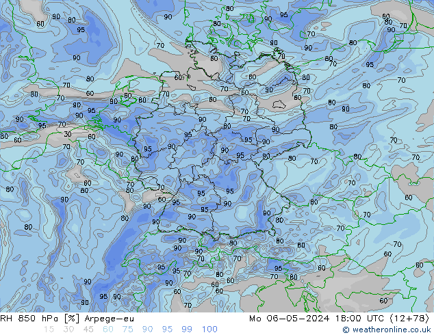 RH 850 гПа Arpege-eu пн 06.05.2024 18 UTC