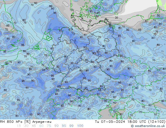 Humidité rel. 850 hPa Arpege-eu mar 07.05.2024 18 UTC