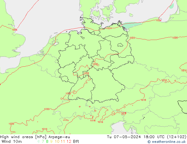 High wind areas Arpege-eu Út 07.05.2024 18 UTC
