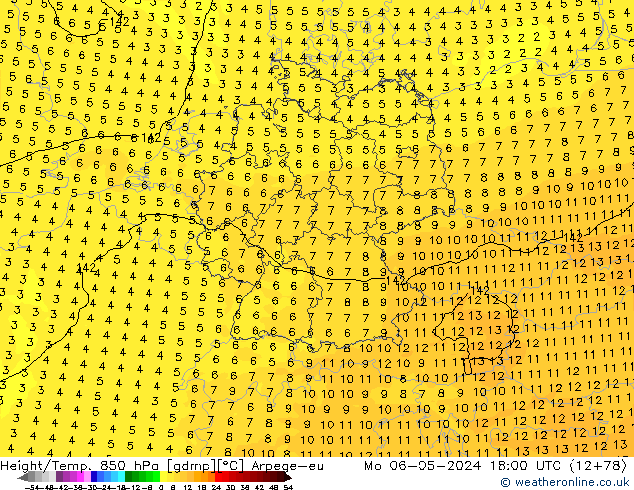 Yükseklik/Sıc. 850 hPa Arpege-eu Pzt 06.05.2024 18 UTC